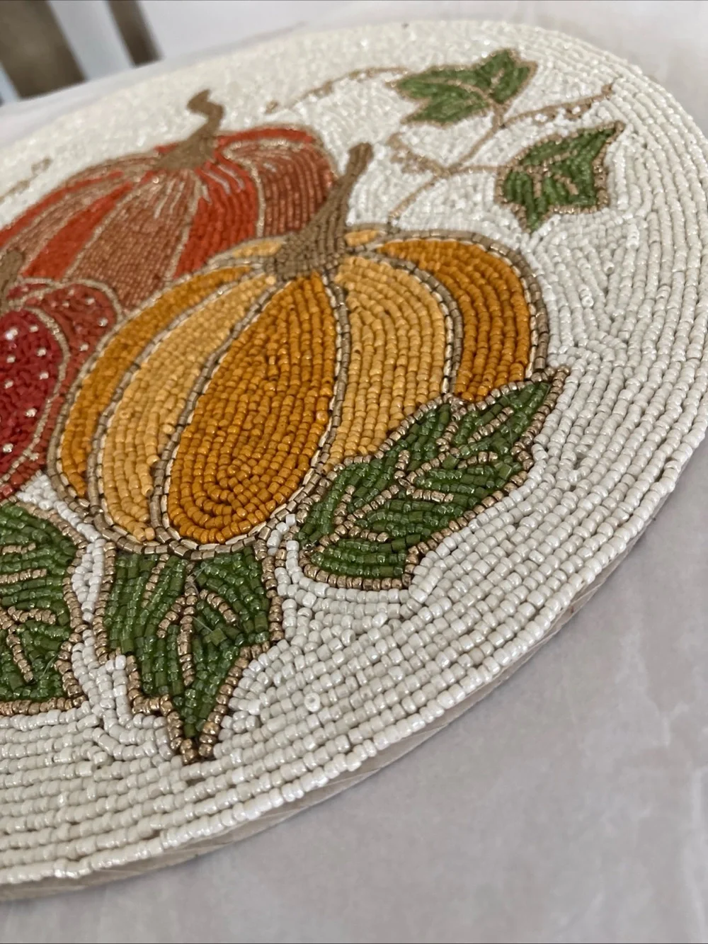 Shabby Chic Beaded Fall Pumpkins Charger Autumn Placemat*Leaves*Centerpiece